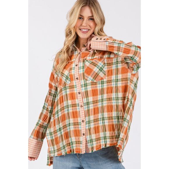 SAGE + FIG Side Slit Plaid Pattern Button Down Long Sleeves Shirt | Savanna - Picture 2 of 6